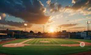 Baseball field at sunset with stadium lights on.