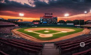 A baseball field at sunset with stadium lights on and a scoreboard in the background.