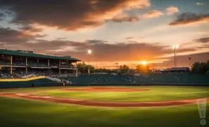 A baseball stadium at sunset with orange clouds and the sun setting behind the outfield.
