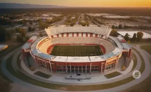 Aerial view of a football stadium at sunset.