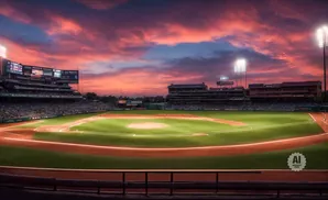 A baseball stadium at sunset, with dramatic pink and purple clouds over the field.