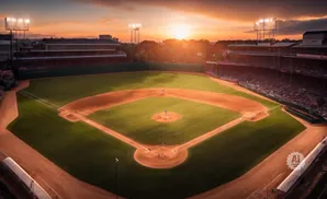 Baseball stadium at sunset with players on the field.