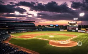 Baseball stadium at dusk with dramatic clouds, bright lights, and players on the field.