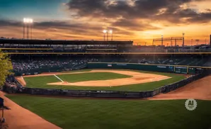 Baseball stadium at sunset with a dramatic sky and stadium lights on.