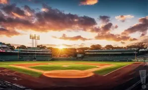 A baseball field at sunset with dramatic clouds and sunbeams illuminating the stadium.