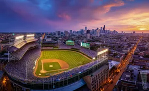An aerial view of Wrigleyville at dusk, with the baseball stadium and Chicago skyline in the background.