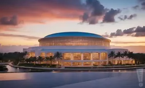A large domed building with many windows stands by a body of water at sunset.