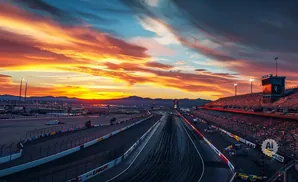 A dragstrip at sunset with a vibrant orange and blue sky, grandstands, and distant mountains.