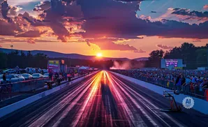 Drag strip at sunset with dramatic clouds, spectators, and racing equipment.