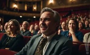 Man with graying hair and a mustache smiles in a theater, wearing a suit and patterned tie.