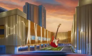 A red electric guitar floats in front of modern buildings at sunset.