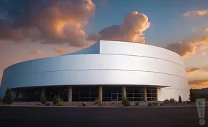 Modern white building with a curved facade against a cloudy sunset sky.