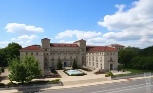 An aerial view of a large, beige building with a red tile roof, featuring a central courtyard with a fountain.