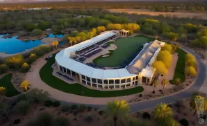 An aerial view of a U-shaped golf stadium with tiered seating surrounding a putting green, set against a desert landscape.