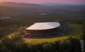 Aerial view of an open-air amphitheater with a white roof during sunset.
