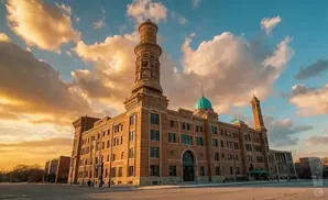 Brick building with a tall tower and turquoise domes against a cloudy sunset sky.