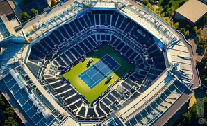 Aerial view of a tennis stadium with a blue court surrounded by empty dark blue seats.