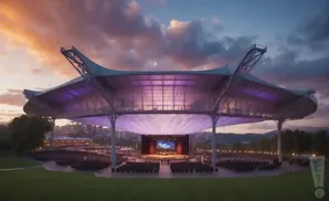 Outdoor amphitheater with a large, modern canopy illuminated by purple lights, facing a stage with seating in front.