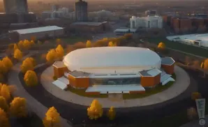 Aerial view of a domed arena surrounded by autumn trees at sunset.