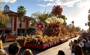 A colorful flower float passes by a crowd of onlookers at a sunny outdoor parade.