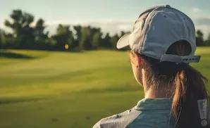 Golfer in a baseball cap looks out over a green golf course with trees in the background.
