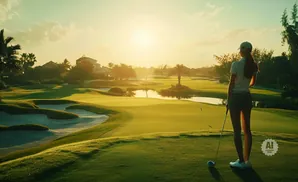 Golfer on a tee box at sunset, looking out at a scenic golf course with sand traps and water hazards.