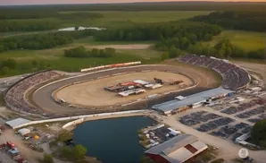Aerial view of a dirt oval racetrack with grandstands, a pond, and a parking lot full of cars.