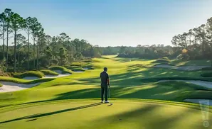 Golfer on a tee box looking down a manicured golf course lined with trees and sand traps.