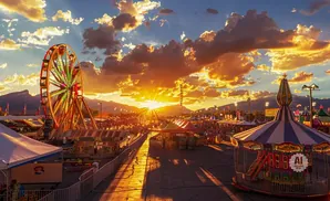 A Ferris wheel and carnival rides at sunset, with mountains in the background.
