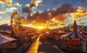 A Ferris wheel and carnival rides are lit up at sunset with golden light on clouds and mountains.