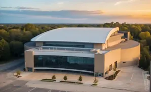 Aerial view of a modern, curved arena with a large white roof and glass facade, surrounded by trees.
