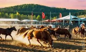 A herd of horses and riders in a dusty rodeo arena at sunset.