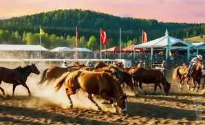 Ranchers on horseback herd a group of horses kicking up dust at a rodeo event with spectators in the background.