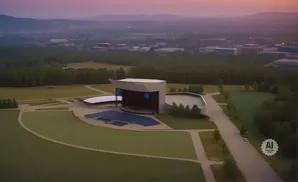 Outdoor amphitheater stage with seating under a purple twilight sky.