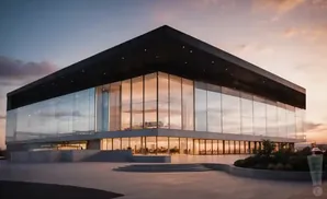 Modern glass building at sunset, reflecting the sky.
