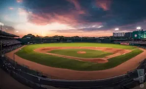 A baseball stadium at sunset with colorful clouds.