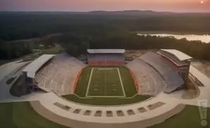 Aerial view of an empty football stadium at sunset, surrounded by trees.