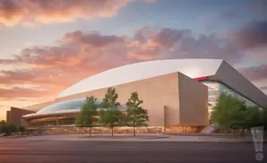 A modern arena with a large white domed roof and glass facade, lit by a dramatic sunset.