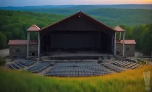 Outdoor amphitheater with stone buildings and tiered seating, surrounded by lush green hills.