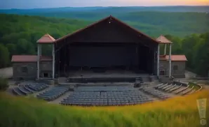An outdoor amphitheater with a covered stage and tiered seating, surrounded by lush green hills.
