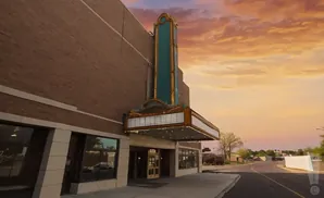 Marquee of an old theater at sunset.
