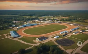 Aerial view of a horse racing track with grandstands and barns under a cloudy sky.