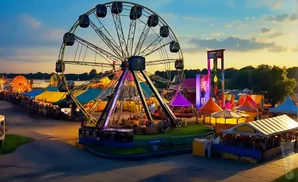 Ferris wheel and carnival tents at dusk with colorful lights and a warm sunset glow.