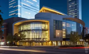 Modern glass building with curved architecture and glowing interior, set against a twilight sky with city lights and blurred car trails.
