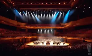 An orchestra performs on a brightly lit stage in a grand concert hall with tiered seating.