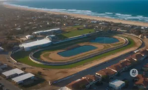Aerial view of a horse racing track with two ponds, buildings, and a beach in the background.