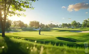 Golfer on a green putting with a flag, bright sunlit golf course with trees and sand traps.