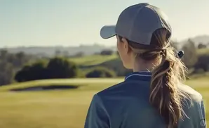 Woman in a golf cap and shirt, facing away from camera, looks out at a sunny golf course.