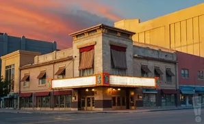 Old theater with marquee, awnings, and ornate details at sunset.