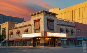 Art deco theater with a marquee at sunset, illuminated by soft light.